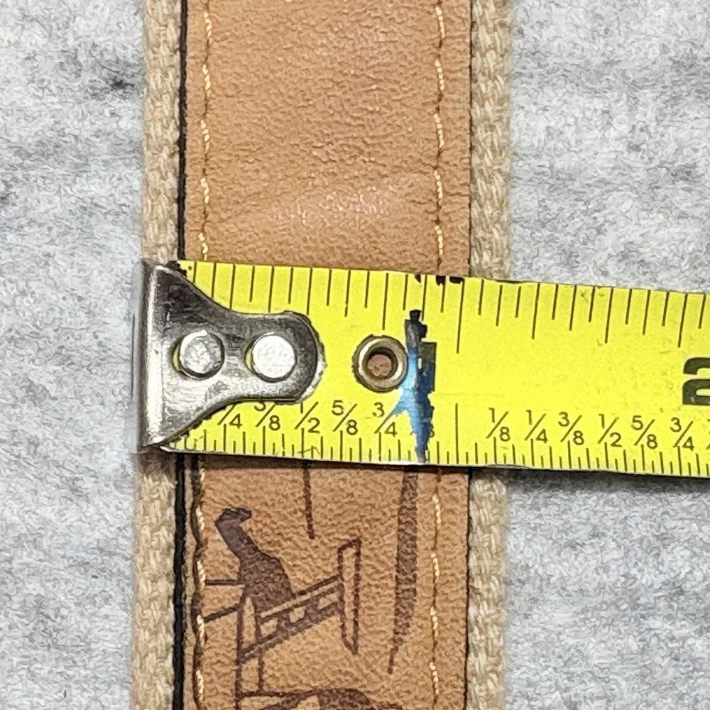Vintage Woven Stretch Belt Fish Embroidered Canvas Leather Solid Brass Size 40